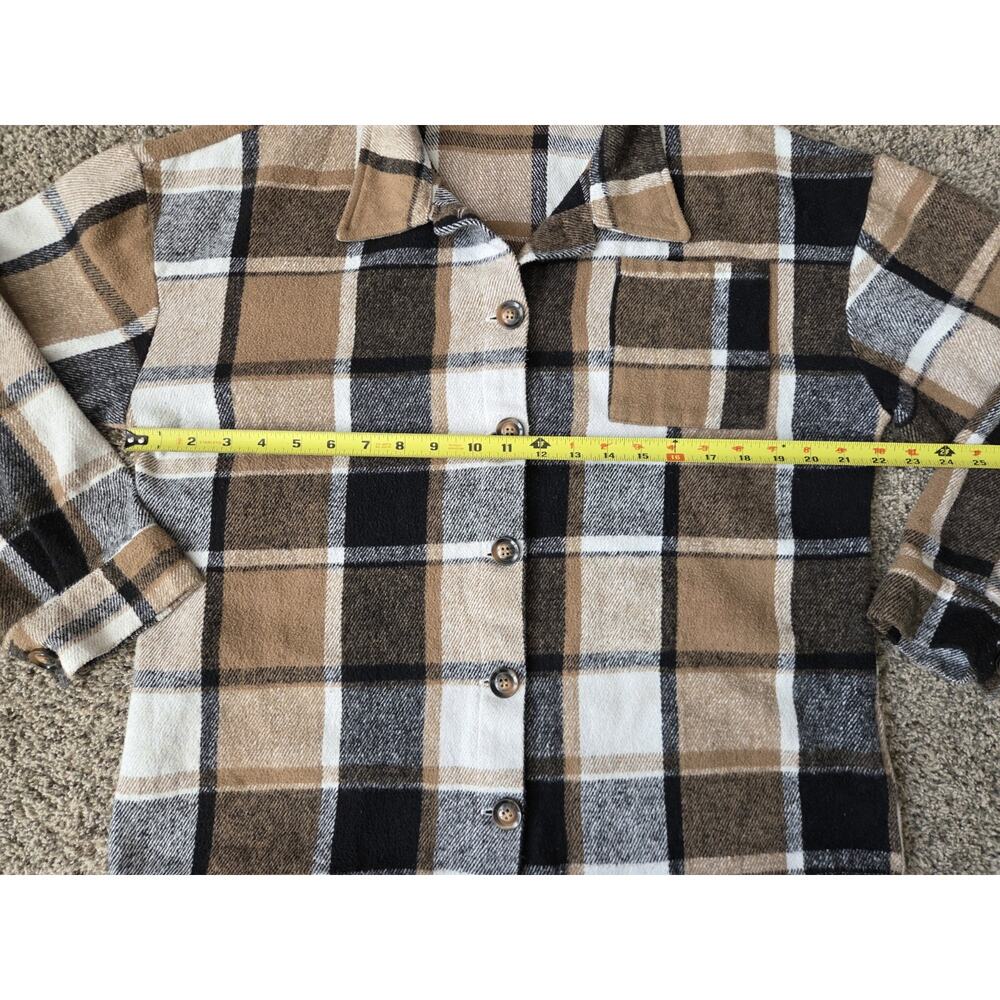 Brown Plaid Flannel Shacket Button Down Drop Shoulder Oversized Shirt Size L - Picture 7 of 8